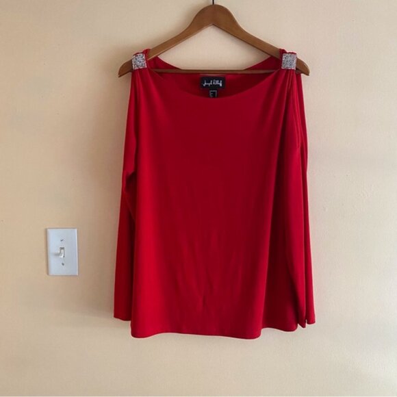 JOne Sizeeph Ribkoff Cold Shoulder Bloe Woman 16 Red Boat Neck Bling Slinky FLAW - Picture 2 of 14